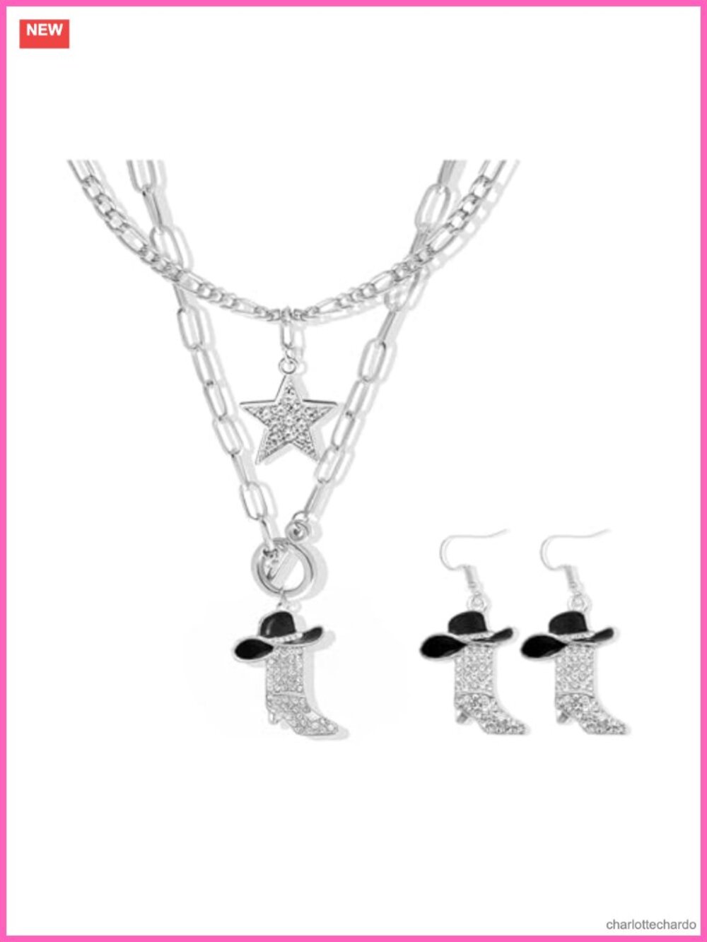 Rhinestone Cowgirl Boot Hat Necklace Earrings Set Western Jewelry